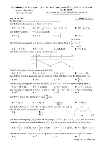 Kỳ thi THPT Quốc gia năm 2018 môn Toán - Mã đề: 114 (Có đáp án)