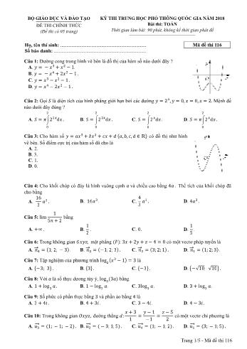 Kỳ thi THPT Quốc gia năm 2018 môn Toán - Mã đề: 116 (Có đáp án)