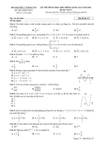 Kỳ thi THPT Quốc gia năm 2018 môn Toán - Mã đề: 117 (Có đáp án)