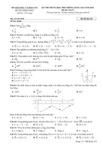 Kỳ thi THPT Quốc gia năm 2018 môn Toán - Mã đề: 118 (Có đáp án)