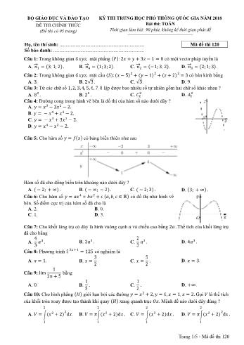 Kỳ thi THPT Quốc gia năm 2018 môn Toán - Mã đề: 120 (Có đáp án)