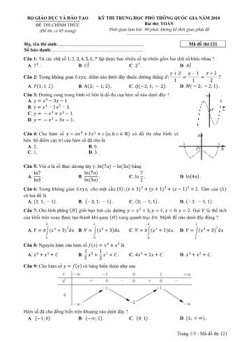 Kỳ thi THPT Quốc gia năm 2018 môn Toán - Mã đề: 121 (Có đáp án)