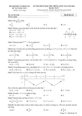 Kỳ thi THPT Quốc gia năm 2018 môn Toán - Mã đề: 123 (Có đáp án)
