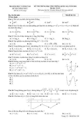 Kỳ thi THPT Quốc gia năm 2018 môn Toán - Mã đề: 124 (Có đáp án)