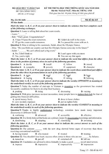 Kỳ thi THPT Quốc gia năm 2018 Ngoại ngữ - Môn: Tiếng Anh - Mã đề: 415 (Có đáp án)