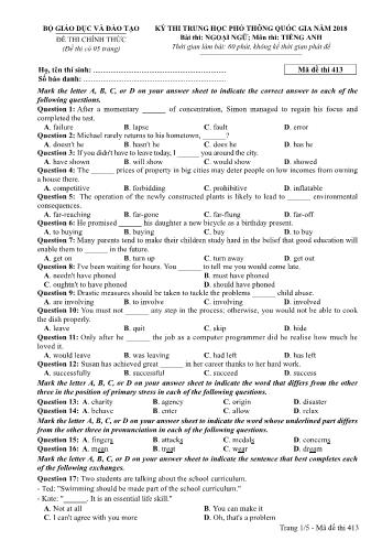 Kỳ thi THPT Quốc gia năm 2018 Ngoại ngữ - Môn: Tiếng Anh - Mã đề: 413 (Có đáp án)