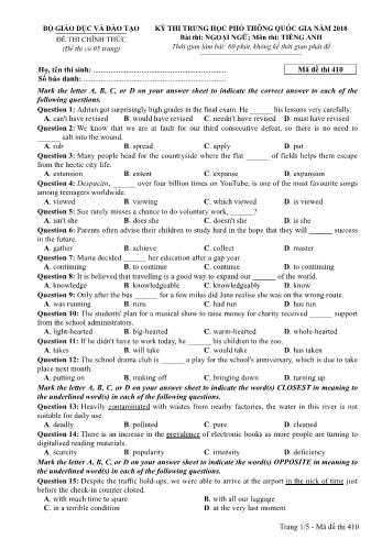 Kỳ thi THPT Quốc gia năm 2018 Ngoại ngữ - Môn: Tiếng Anh - Mã đề: 410 (Có đáp án)