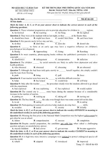 Kỳ thi THPT Quốc gia năm 2018 Ngoại ngữ - Môn: Tiếng Anh - Mã đề: 420 (Có đáp án)