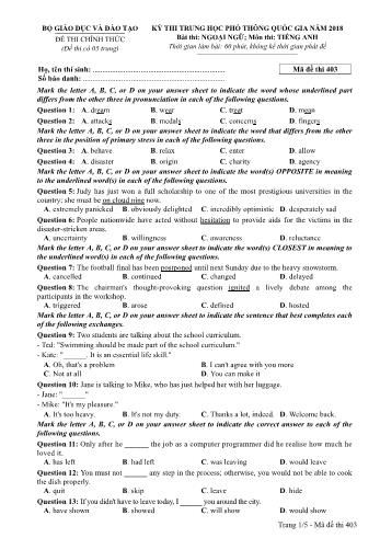 Kỳ thi THPT Quốc gia năm 2018 Ngoại ngữ - Môn: Tiếng Anh - Mã đề: 403 (Có đáp án)