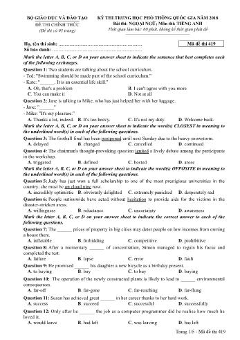 Kỳ thi THPT Quốc gia năm 2018 Ngoại ngữ - Môn: Tiếng Anh - Mã đề: 419 (Có đáp án)
