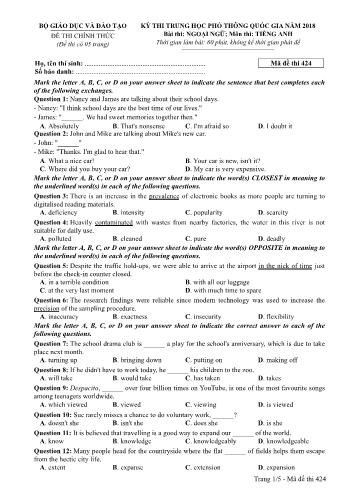 Kỳ thi THPT Quốc gia năm 2018 Ngoại ngữ - Môn: Tiếng Anh - Mã đề: 424 (Có đáp án)