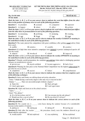 Kỳ thi THPT Quốc gia năm 2018 Ngoại ngữ - Môn: Tiếng Anh - Mã đề: 412 (Có đáp án)