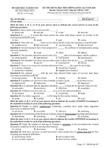 Kỳ thi THPT Quốc gia năm 2018 Ngoại ngữ - Môn: Tiếng Anh - Mã đề: 417 (Có đáp án)