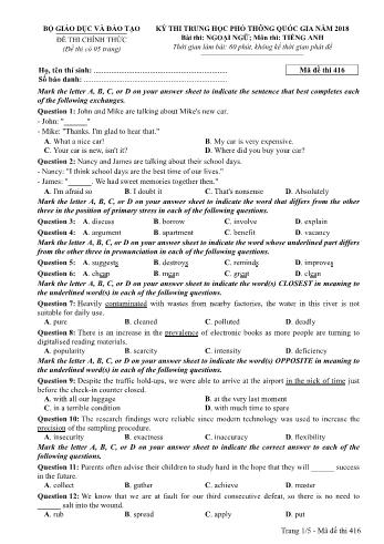 Kỳ thi THPT Quốc gia năm 2018 Ngoại ngữ - Môn: Tiếng Anh - Mã đề: 416 (Có đáp án)