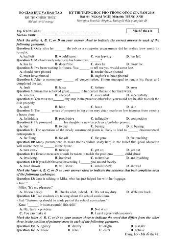 Kỳ thi THPT Quốc gia năm 2018 Ngoại ngữ - Môn: Tiếng Anh - Mã đề: 411 (Có đáp án)