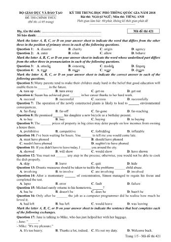 Kỳ thi THPT Quốc gia năm 2018 Ngoại ngữ - Môn: Tiếng Anh - Mã đề: 421 (Có đáp án)