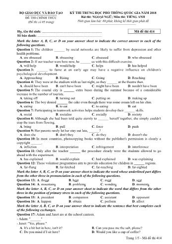 Kỳ thi THPT Quốc gia năm 2018 Ngoại ngữ - Môn: Tiếng Anh - Mã đề: 414 (Có đáp án)
