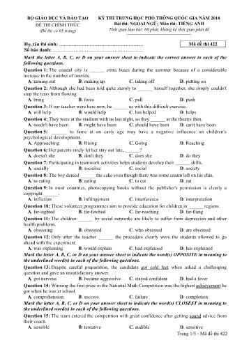 Kỳ thi THPT Quốc gia năm 2018 Ngoại ngữ - Môn: Tiếng Anh - Mã đề: 422 (Có đáp án)