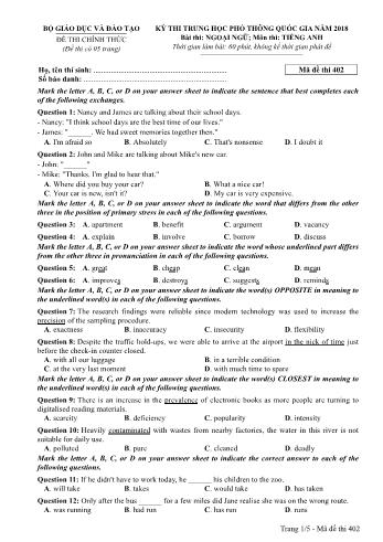 Kỳ thi THPT Quốc gia năm 2018 Ngoại ngữ - Môn: Tiếng Anh - Mã đề: 402 (Có đáp án)