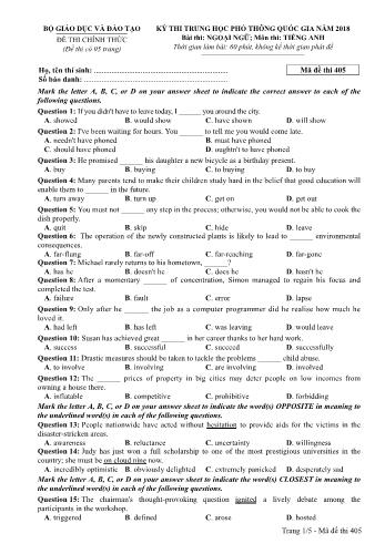 Kỳ thi THPT Quốc gia năm 2018 Ngoại ngữ - Môn: Tiếng Anh - Mã đề: 405 (Có đáp án)