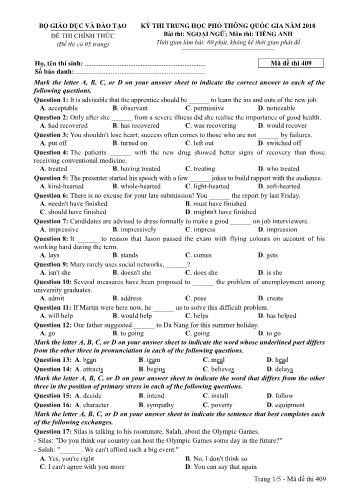 Kỳ thi THPT Quốc gia năm 2018 Ngoại ngữ - Môn: Tiếng Anh - Mã đề: 409 (Có đáp án)
