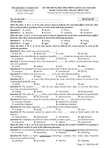 Kỳ thi THPT Quốc gia năm 2018 Ngoại ngữ - Môn: Tiếng Anh - Mã đề: 407 (Có đáp án)