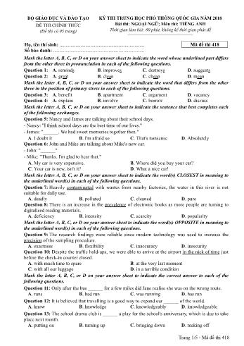 Kỳ thi THPT Quốc gia năm 2018 Ngoại ngữ - Môn: Tiếng Anh - Mã đề: 418 (Có đáp án)