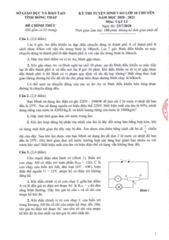 Kỳ thi tuyển sinh vào Lớp 10 môn Vật lí (Chuyên) - Sở GD&ĐT Đồng Tháp (Có đáp án)