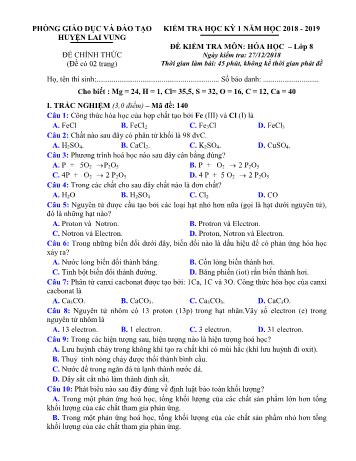 Đề kiểm tra học kì 1 Hóa học Lớp 8 - Phòng GD&ĐT Lai Vung (Có hướng dẫn chấm)