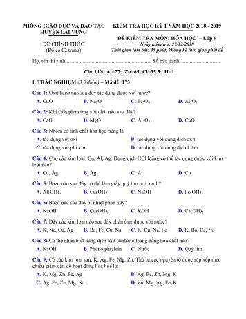 Đề kiểm tra học kì 1 Hóa học Lớp 9 - Phòng GD&ĐT Lai Vung (Có hướng dẫn chấm)