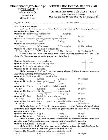 Đề kiểm tra học kì 1 Tiếng Anh Lớp 6 - Phòng GD&ĐT Lai Vung (Có hướng dẫn chấm)