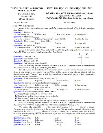 Đề kiểm tra học kì 1 Tiếng Anh Lớp 8 (Hệ 7 năm) - Phòng GD&ĐT Lai Vung (Có hướng dẫn chấm)