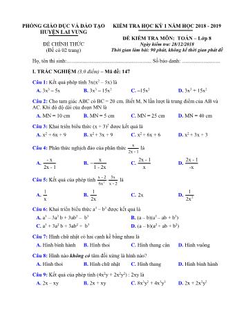 Đề kiểm tra học kì 1 Toán Lớp 8 - Phòng GD&ĐT Lai Vung (Có hướng dẫn chấm)