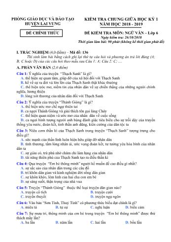 Kiểm tra chung giữa kì 1 Ngữ văn Lớp 6 - Phòng GD&ĐT Lai Vung (Có hướng dẫn chấm)