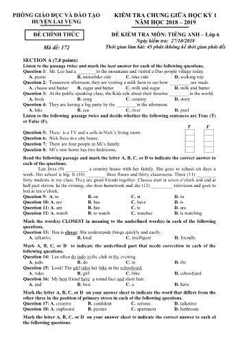 Kiểm tra chung giữa kì 1 Tiếng Anh Lớp 6 - Phòng GD&ĐT Lai Vung (Có hướng dẫn chấm)
