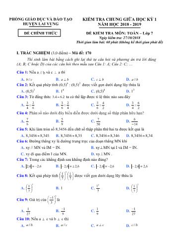 Kiểm tra chung giữa kì 1 Toán Lớp 7 - Phòng GD&ĐT Lai Vung (Có hướng dẫn chấm)