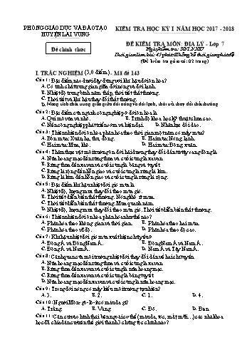 Kiểm tra học kì 1 Địa lí Lớp 7 - Phòng GD&ĐT Lai Vung (Có hướng dẫn chấm)