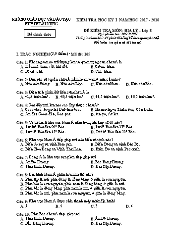 Kiểm tra học kì 1 Địa lí Lớp 8 - Phòng GD&ĐT Lai Vung (Có hướng dẫn chấm)