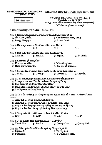 Kiểm tra học kì 1 Địa lí Lớp 9 - Phòng GD&ĐT Lai Vung (Có hướng dẫn chấm)