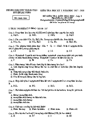 Kiểm tra học kì 1 Hóa học Lớp 8 - Phòng GD&ĐT Lai Vung (Có hướng dẫn chấm)