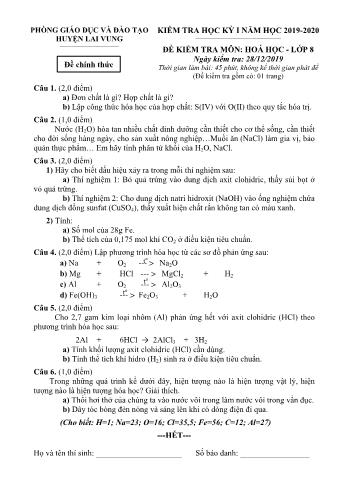 Kiểm tra học kì 1 Hóa học Lớp 8 - Phòng GD&ĐT Lai Vung