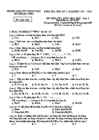 Kiểm tra học kì 1 Hóa học Lớp 9 - Phòng GD&ĐT Lai Vung (Có hướng dẫn chấm)