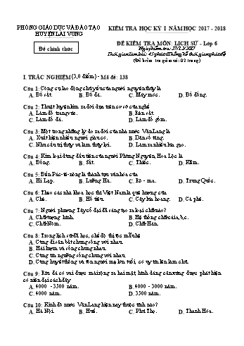 Kiểm tra học kì 1 Lịch sử Lớp 6 - Phòng GD&ĐT Lai Vung (Có hướng dẫn chấm)