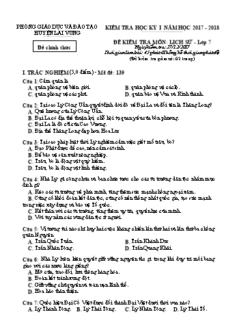 Kiểm tra học kì 1 Lịch sử Lớp 7 - Phòng GD&ĐT Lai Vung (Có hướng dẫn chấm)