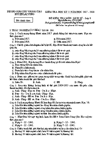 Kiểm tra học kì 1 Lịch sử Lớp 8 - Phòng GD&ĐT Lai Vung (Có hướng dẫn chấm)