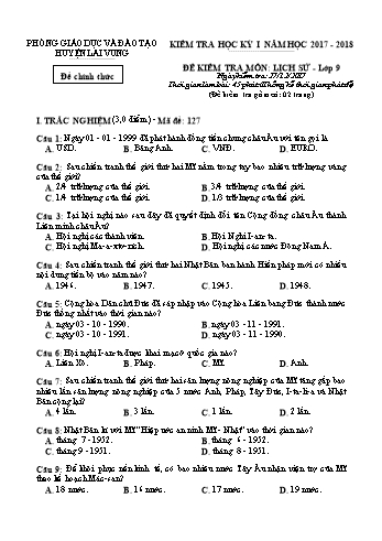 Kiểm tra học kì 1 Lịch sử Lớp 9 - Phòng GD&ĐT Lai Vung (Có hướng dẫn chấm)