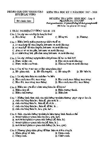 Kiểm tra học kì 1 Sinh học Lớp 6 - Phòng GD&ĐT Lai Vung (Có hướng dẫn chấm)