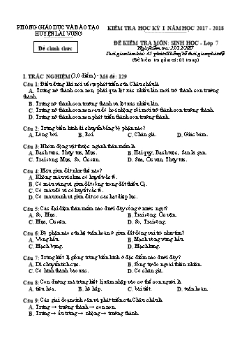 Kiểm tra học kì 1 Sinh học Lớp 7 - Phòng GD&ĐT Lai Vung (Có hướng dẫn chấm)