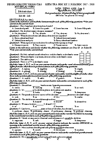 Kiểm tra học kì 1 Tiếng Anh Khối 8 - Phòng GD&ĐT Lai Vung