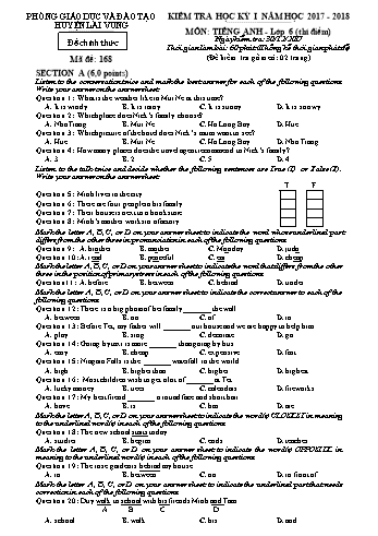Kiểm tra học kì 1 Tiếng Anh Lớp 6 - Phòng GD&ĐT Lai Vung (Có hướng dẫn chấm)